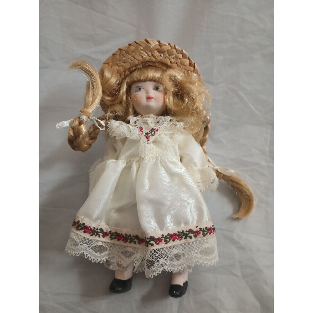 Vintage Ceramic Toy Doll 7" Collectible  Vintage Straw Hat
